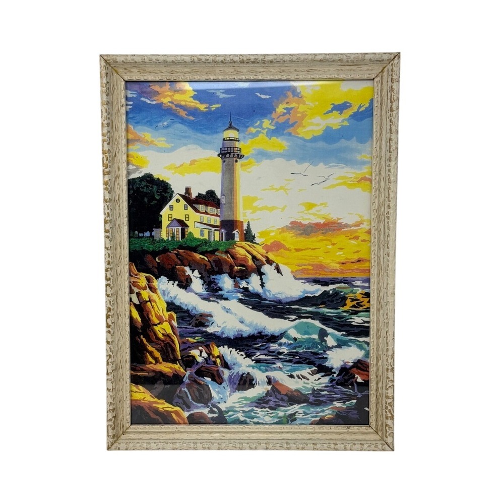 Vintage Lighthouse Paint by Number Wood Frame Coastal Seascape 16.75 x 12.25"